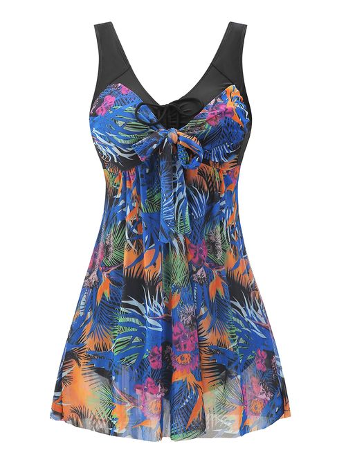 Wantdo Women's Plus Size Swimdress Flower Printed Swimwear Cover Up Swimsuits