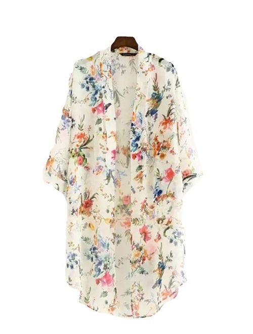 AELSON Women's Floral Chiffon Kimono Cardigan Blouse Beach Cover up