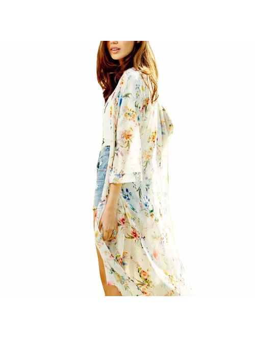 AELSON Women's Floral Chiffon Kimono Cardigan Blouse Beach Cover up