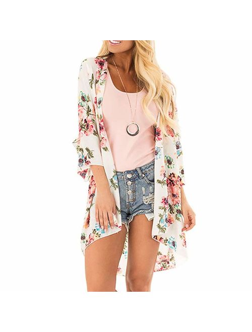 AELSON Women's Floral Chiffon Kimono Cardigan Blouse Beach Cover up