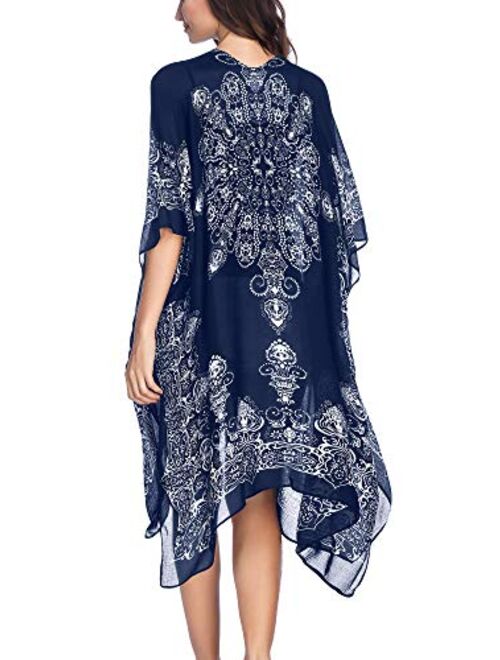 Moss Rose Women's Beach Cover up Swimsuit Kimono Cardigan with Bohemian Floral Print