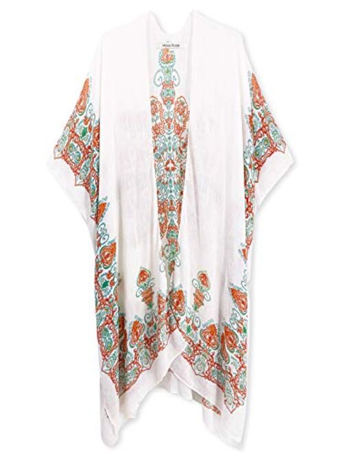 Moss Rose Women's Beach Cover up Swimsuit Kimono Cardigan with Bohemian Floral Print