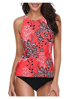 Holipick Women Two Piece Swimsuit High Neck Halter Floral Printed Tankini Sets