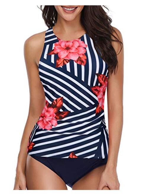 Holipick Women Two Piece Swimsuit High Neck Halter Floral Printed Tankini Sets