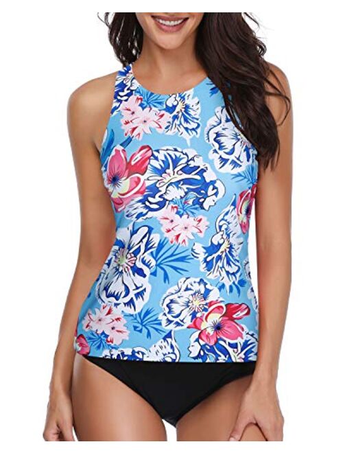 Holipick Women Two Piece Swimsuit High Neck Halter Floral Printed Tankini Sets