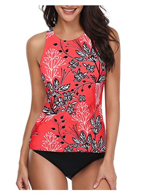 Holipick Women Two Piece Swimsuit High Neck Halter Floral Printed Tankini Sets