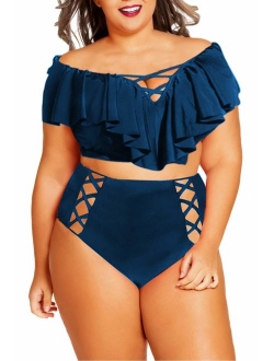 Kisscynest Women's Plus Size Swimwear 2 Piece High Waisted Swimsuit Ruffle Bikini