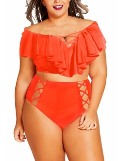 Kisscynest Women's Plus Size Swimwear 2 Piece High Waisted Swimsuit Ruffle Bikini