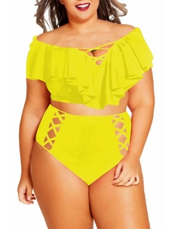 Kisscynest Women's Plus Size Swimwear 2 Piece High Waisted Swimsuit Ruffle Bikini