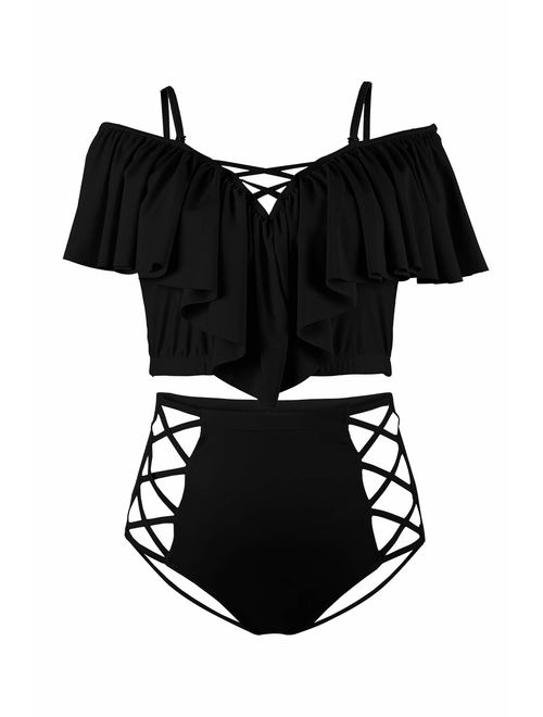 Kisscynest Women's Plus Size Swimwear 2 Piece High Waisted Swimsuit Ruffle Bikini