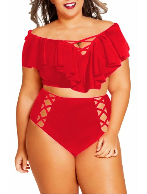 Kisscynest Women's Plus Size Swimwear 2 Piece High Waisted Swimsuit Ruffle Bikini