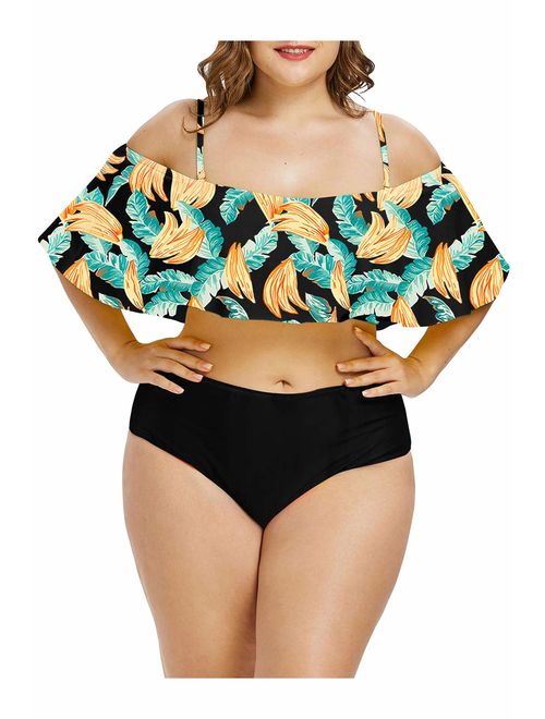 Kisscynest Women's Plus Size Swimwear 2 Piece High Waisted Swimsuit Ruffle Bikini