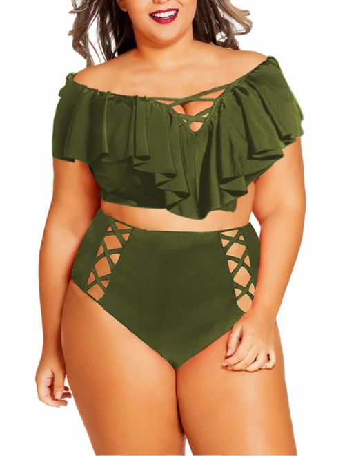 Kisscynest Women's Plus Size Swimwear 2 Piece High Waisted Swimsuit Ruffle Bikini