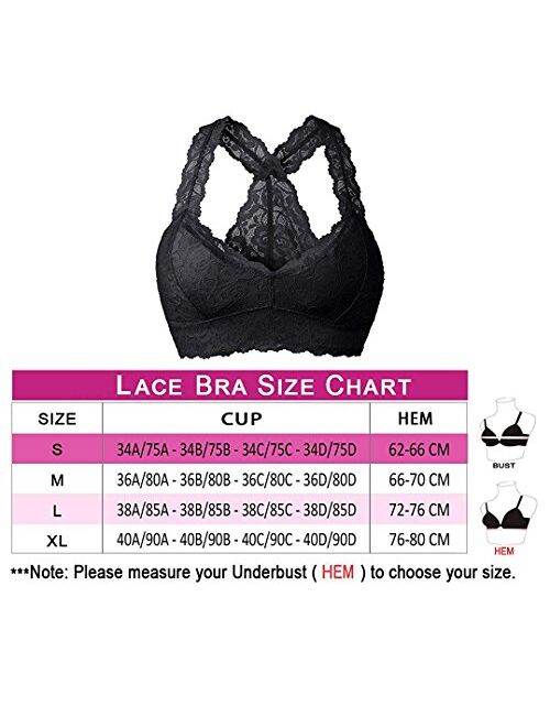 YIANNA Women Floral Lace Bralette Padded Breathable Sexy Racerback Lace Bra