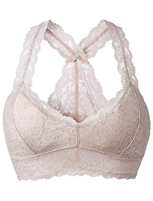 YIANNA Women Floral Lace Bralette Padded Breathable Sexy Racerback Lace Bra