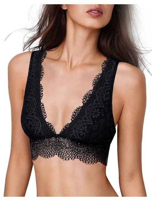 YIANNA Lace Bralette, Women's Deep V Neck Unpadded Lace Long Line Plunge Bralette Bra