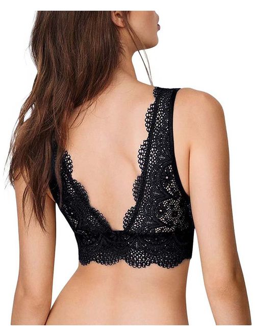 YIANNA Lace Bralette, Women's Deep V Neck Unpadded Lace Long Line Plunge  Bralette Bra