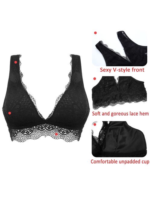 YIANNA Lace Bralette, Women's Deep V Neck Unpadded Lace Long Line Plunge Bralette Bra