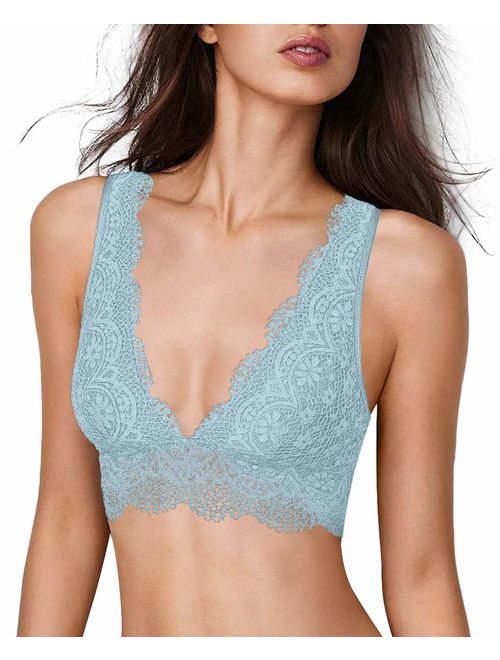 YIANNA Lace Bralette, Women's Deep V Neck Unpadded Lace Long Line Plunge Bralette Bra