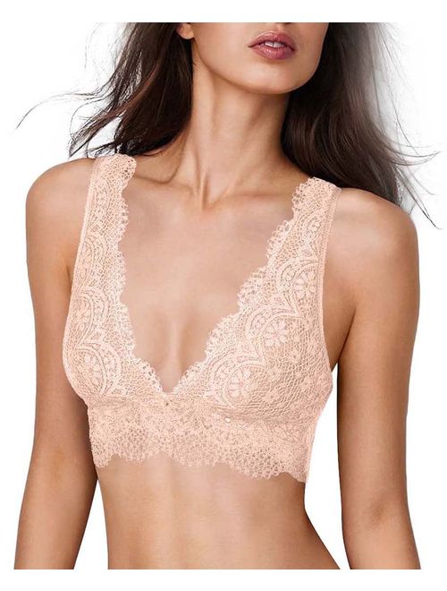 YIANNA Lace Bralette, Women's Deep V Neck Unpadded Lace Long Line Plunge Bralette Bra