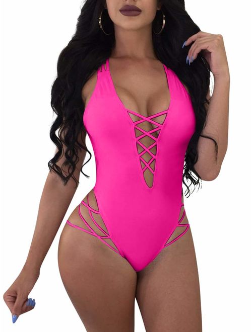 LAGSHIAN Womens Sexy One Piece Lace Up Straps Swimsuit Bathing Suit Swimwear