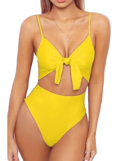 LEISUP Womens Spaghetti Strap Tie Knot Front Cutout High Cut One Piece Swimsuit