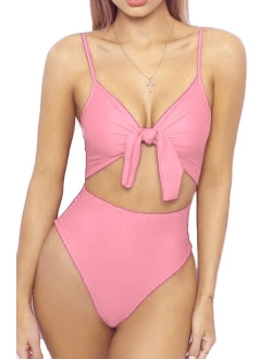 LEISUP Womens Spaghetti Strap Tie Knot Front Cutout High Cut One Piece Swimsuit