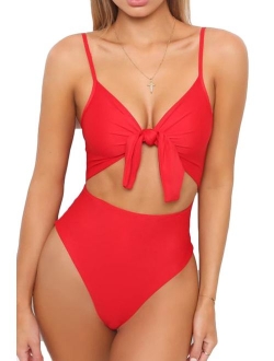 LEISUP Womens Spaghetti Strap Tie Knot Front Cutout High Cut One Piece Swimsuit