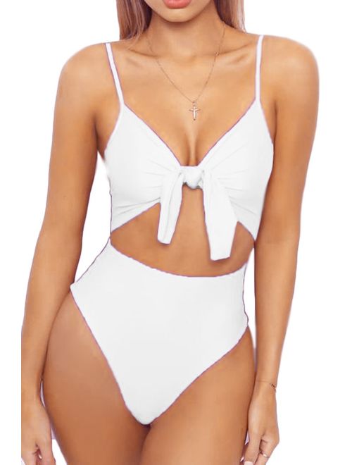 LEISUP Womens Spaghetti Strap Tie Knot Front Cutout High Cut One Piece Swimsuit