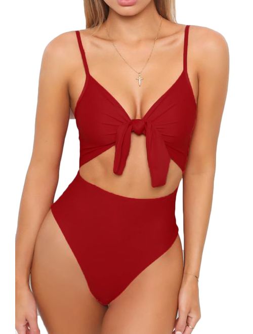 LEISUP Womens Spaghetti Strap Tie Knot Front Cutout High Cut One Piece Swimsuit