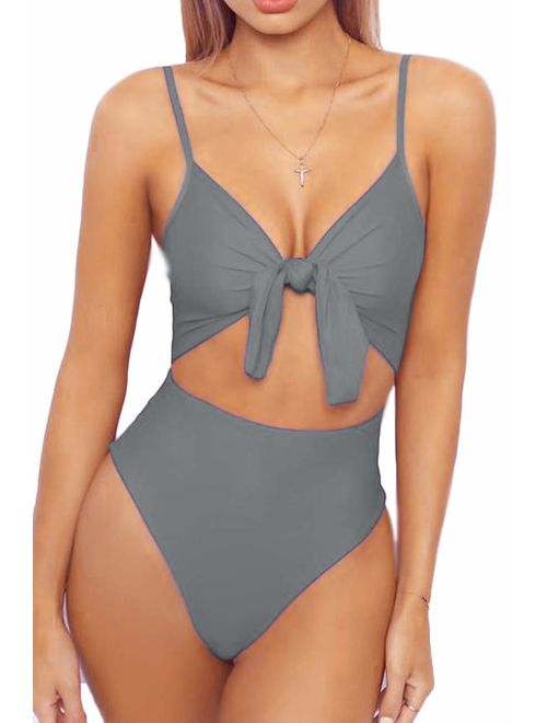 LEISUP Womens Spaghetti Strap Tie Knot Front Cutout High Cut One Piece Swimsuit