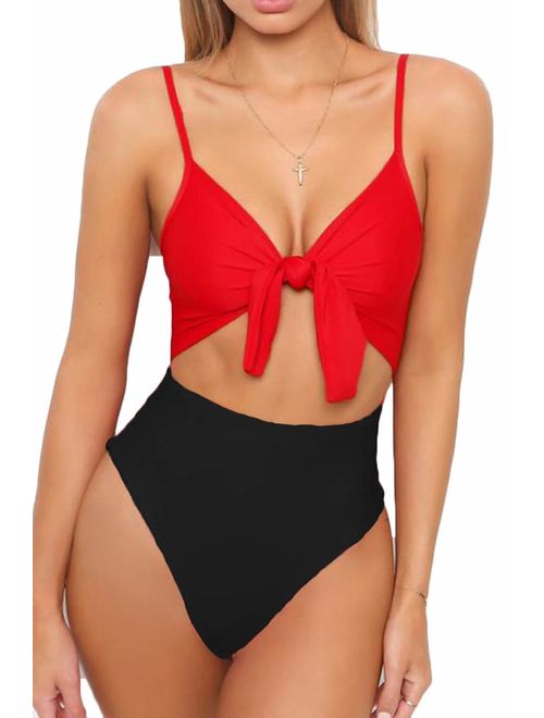 LEISUP Womens Spaghetti Strap Tie Knot Front Cutout High Cut One Piece Swimsuit