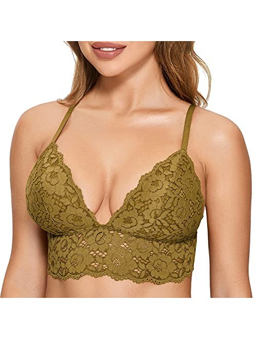 DOBREVA Women's Removable Pads Wire Free Longline Cute Bra Lace Bralette