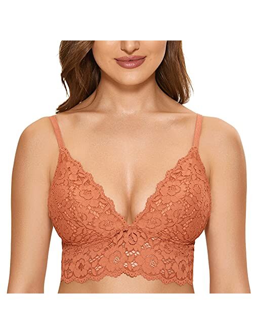 DOBREVA Women's Removable Pads Wire Free Longline Cute Bra Lace Bralette