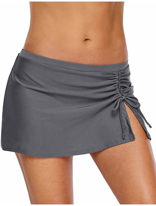 REKITA Women Swim Skirt Solid Color Waistband Skort Bikini Bottom