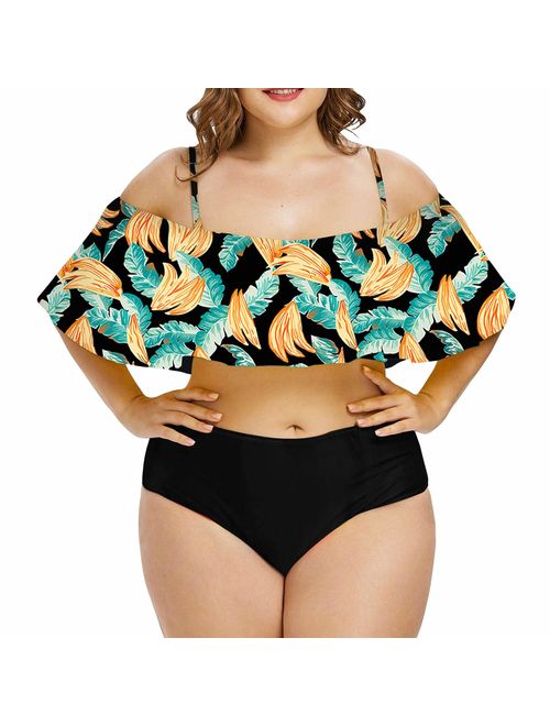 Sovoyontee Women Plus Size Ruffles High Waisted Swimsuit Bikini Sets Bathing Suit