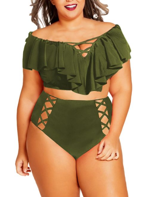 Sovoyontee Women Plus Size Ruffles High Waisted Swimsuit Bikini Sets Bathing Suit