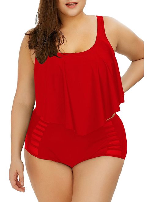 Sovoyontee Women Plus Size Ruffles High Waisted Swimsuit Bikini Sets Bathing Suit