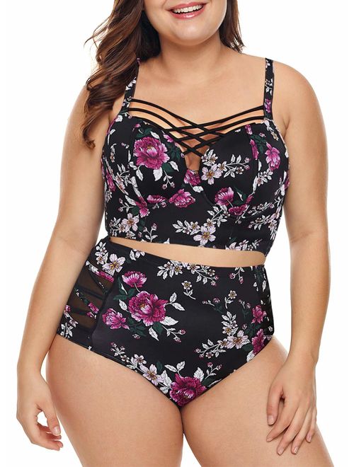 Dearlove Women's Plus Size Strappy High Waist Bikini Swimsuit M-XXXL