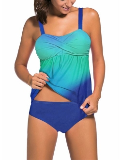 Aleumdr Women's Solid Ruched Tankini Top Swimsuit with Triangle Briefs