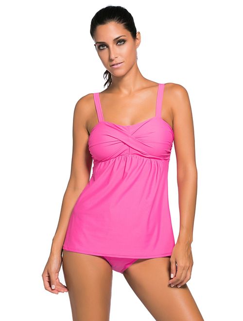 Aleumdr Women's Solid Ruched Tankini Top Swimsuit with Triangle Briefs