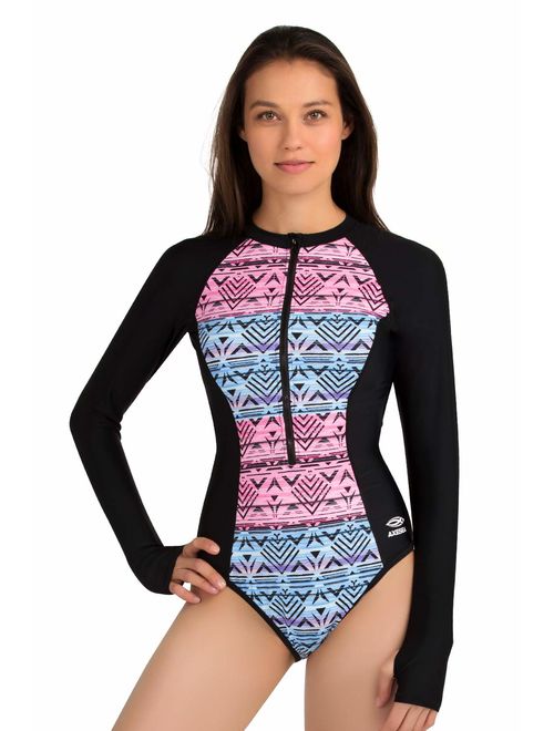 AXESEA Womens Long Sleeve Rash Guard UV UPF 50+ Sun Protection Printed Zipper Surfing One Piece Swimsuit Bathing Suit