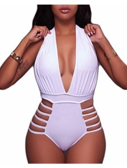 BeachQueen Women Sexy One Piece Swimsuits Halter Plunge V Neck Cutout Swimwear