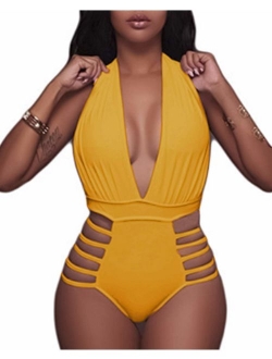 BeachQueen Women Sexy One Piece Swimsuits Halter Plunge V Neck Cutout Swimwear