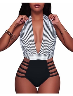 BeachQueen Women Sexy One Piece Swimsuits Halter Plunge V Neck Cutout Swimwear