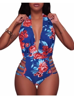 BeachQueen Women Sexy One Piece Swimsuits Halter Plunge V Neck Cutout Swimwear