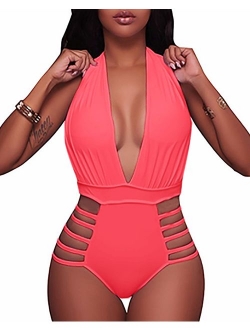 BeachQueen Women Sexy One Piece Swimsuits Halter Plunge V Neck Cutout Swimwear