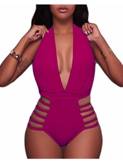 BeachQueen Women Sexy One Piece Swimsuits Halter Plunge V Neck Cutout Swimwear