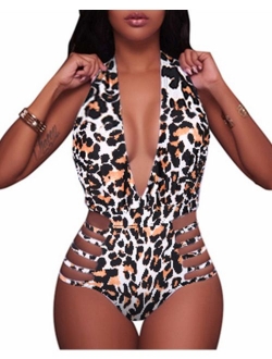 BeachQueen Women Sexy One Piece Swimsuits Halter Plunge V Neck Cutout Swimwear