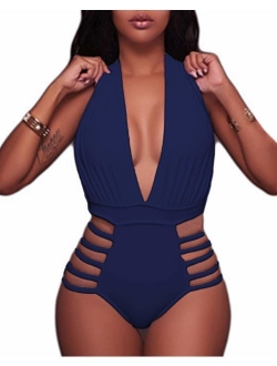 BeachQueen Women Sexy One Piece Swimsuits Halter Plunge V Neck Cutout Swimwear